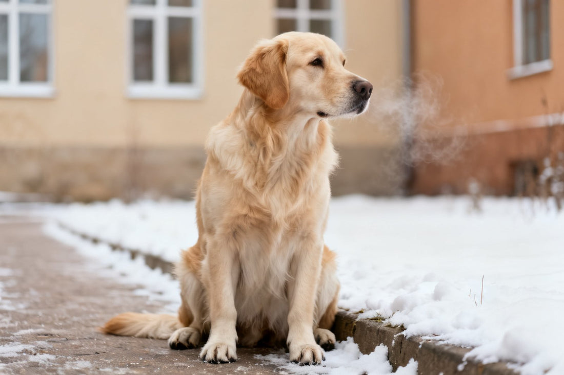 Goldfarbener Hund sitzt am Rand eines verschneiten Weges an einem kalten Wintermorgen