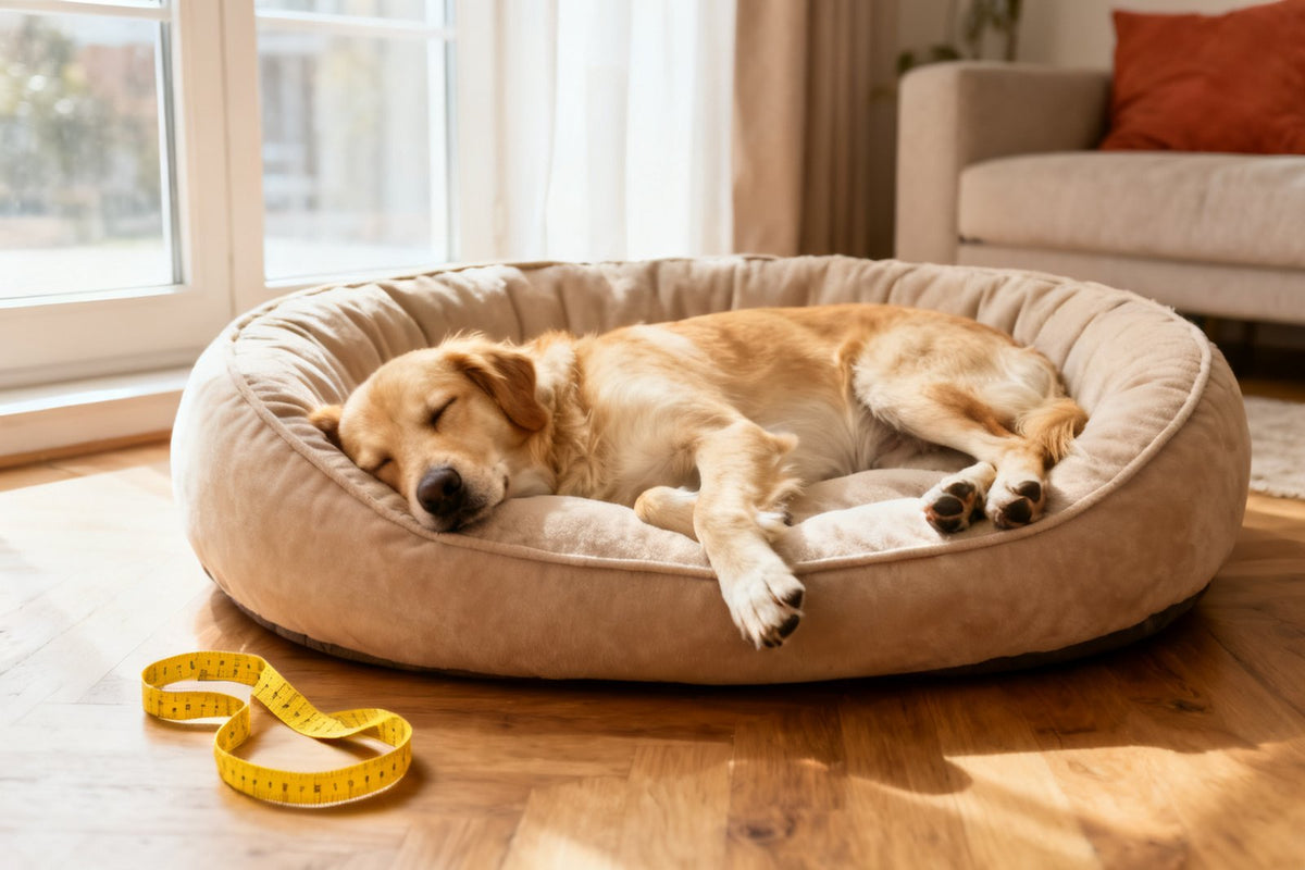 Hund schläft ausgestreckt in einem ovalen Hundebett, daneben liegt ein gelbes Maßband