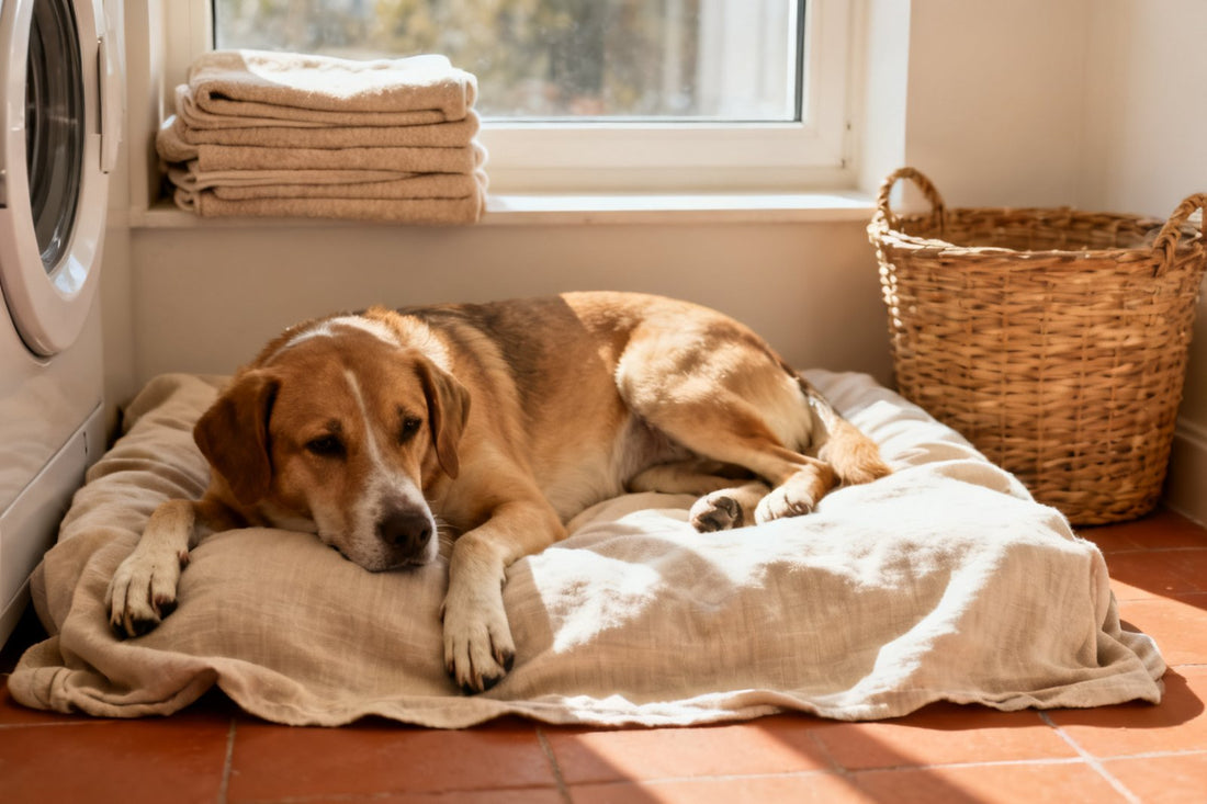 Hund liegt auf einem frisch gewaschenen beigen Hundebett neben Waschmaschine, Handtüchern und Wäschekorb
