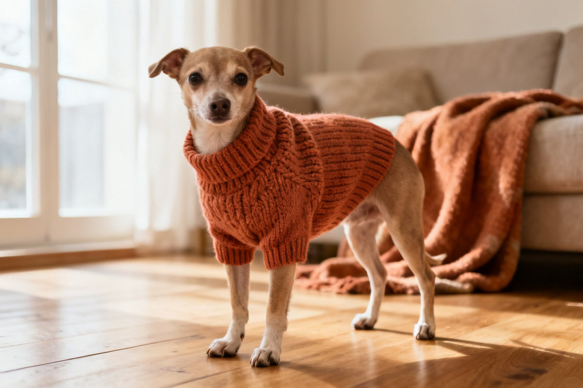 Kleiner kurzhaariger Hund in einem terrakottafarbenen Strickpullover im Wohnzimmer