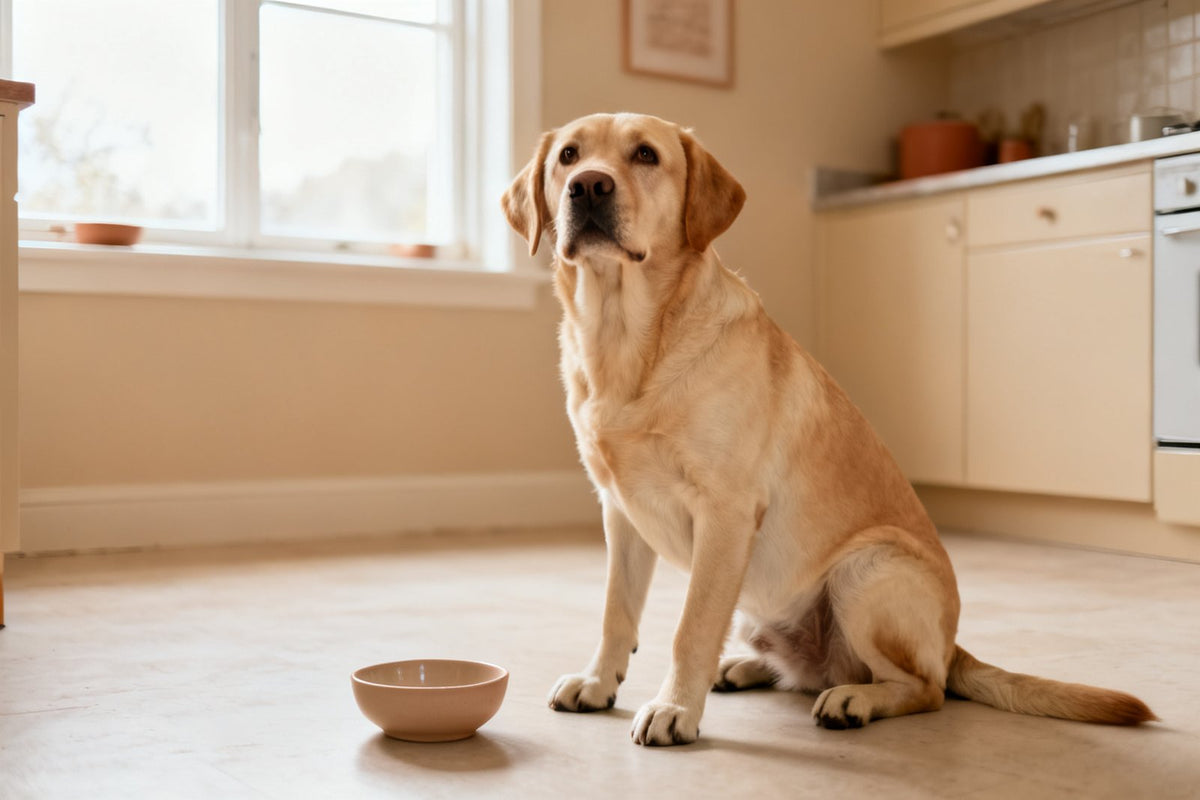 Goldfarbener Labrador sitzt aufmerksam auf dem Küchenboden, neben ihm eine kleine Keramikschale