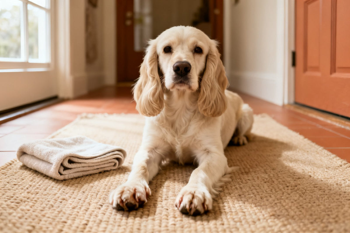 Heller Spaniel liegt mit ausgestreckten Vorderpfoten auf einem Teppich im Flur, daneben ein gefaltetes Handtuch