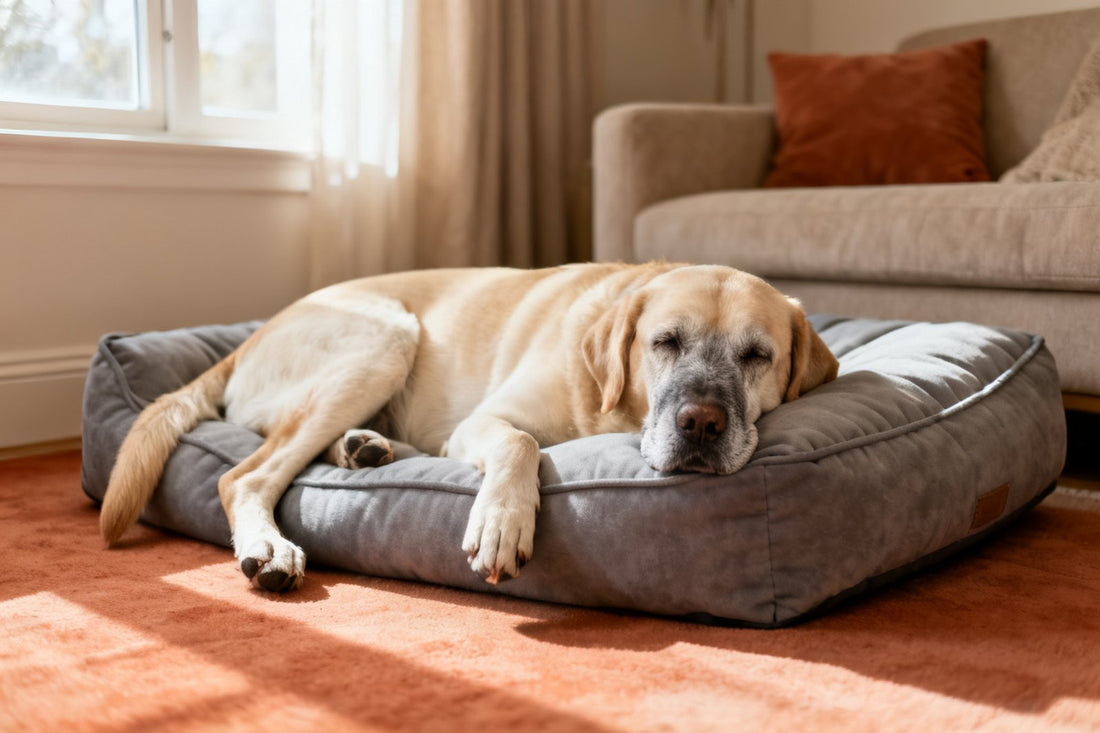 Älterer Labrador mit grauer Schnauze ruht auf einem flachen, gepolsterten Hundebett