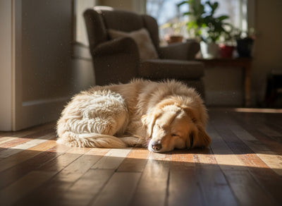 Schlafender Hund im Sonnenfleck auf Holzdielen