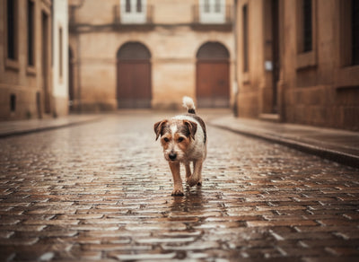 Terrier auf regennassem Kopfsteinpflaster