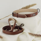 ne&no® set halsband en lijn – veganistisch leer, voor kleine & grote honden bruin + beige