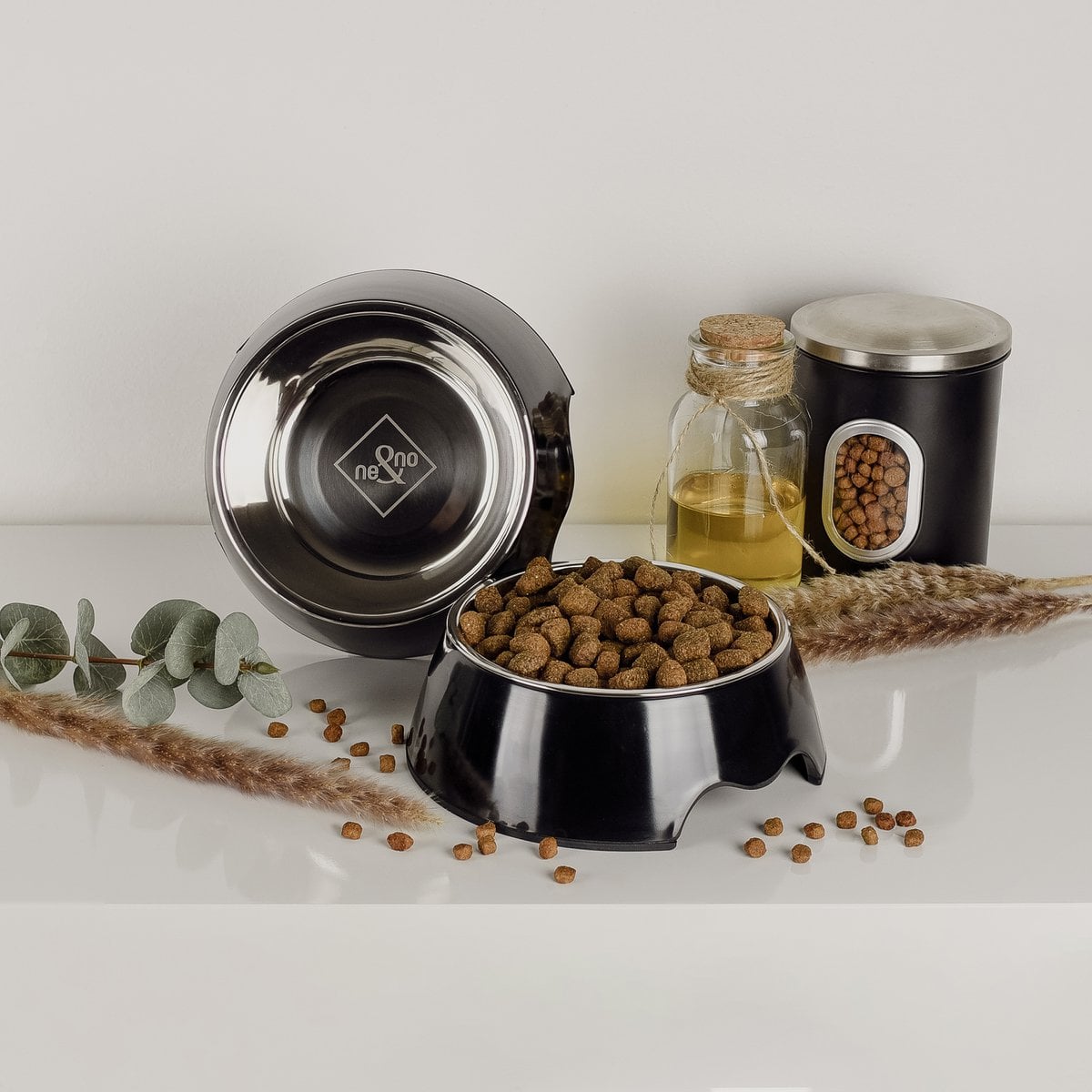 ne&no® voerbak - set van 2 - voor honden en katten - zwart [mt. S / M / L]
