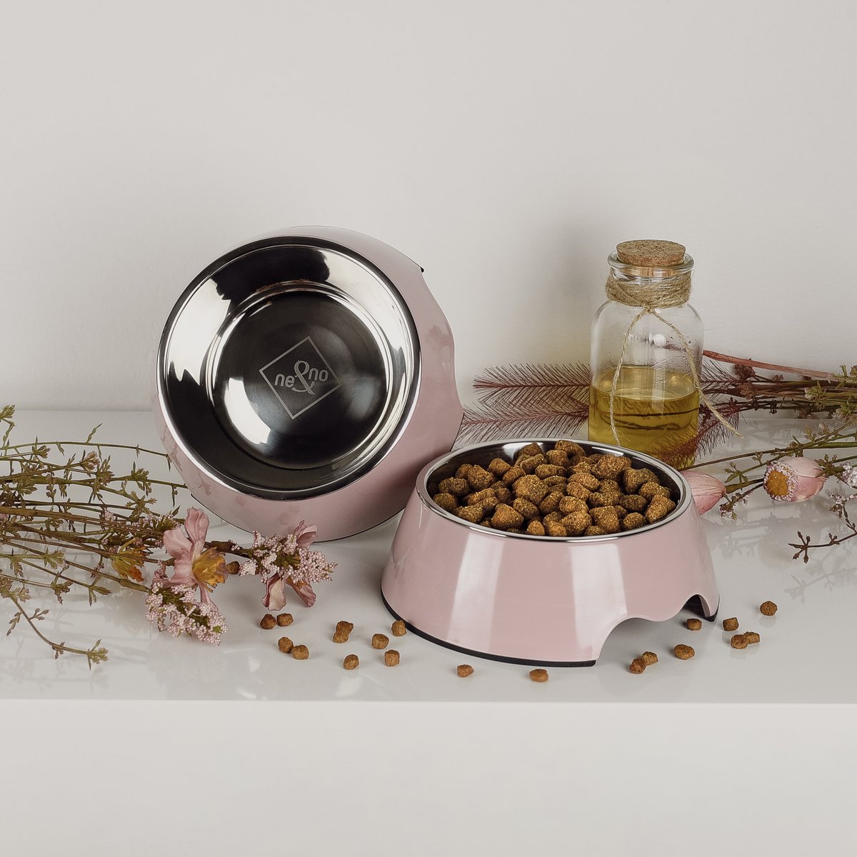 ne&no Feeding Bowl, Set of 2, for Dogs and Cats, Rose (Sizes S/M/L)