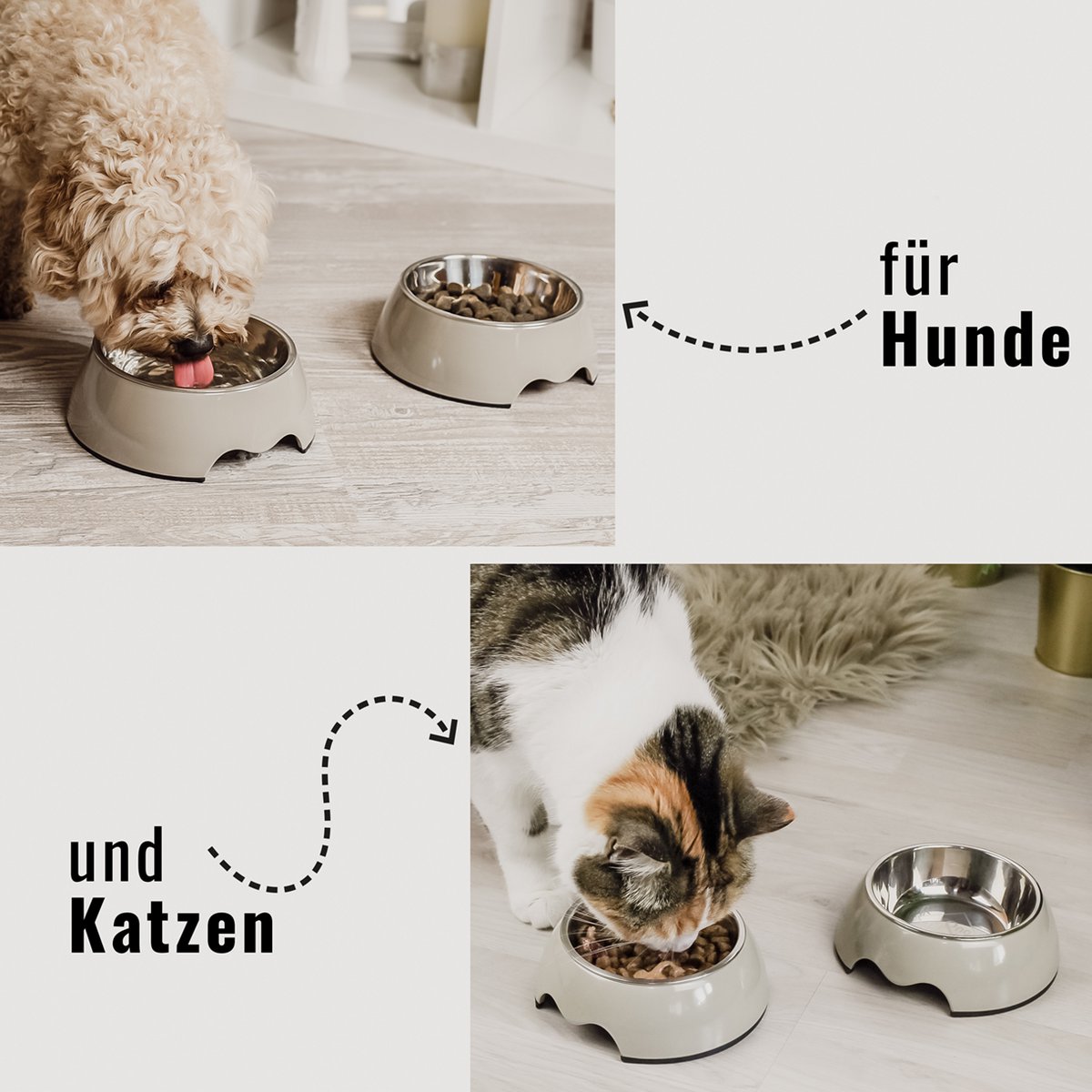 ne&no Feeding Bowl, Set of 2, for Dogs and Cats, Taupe (Sizes S/M/L)