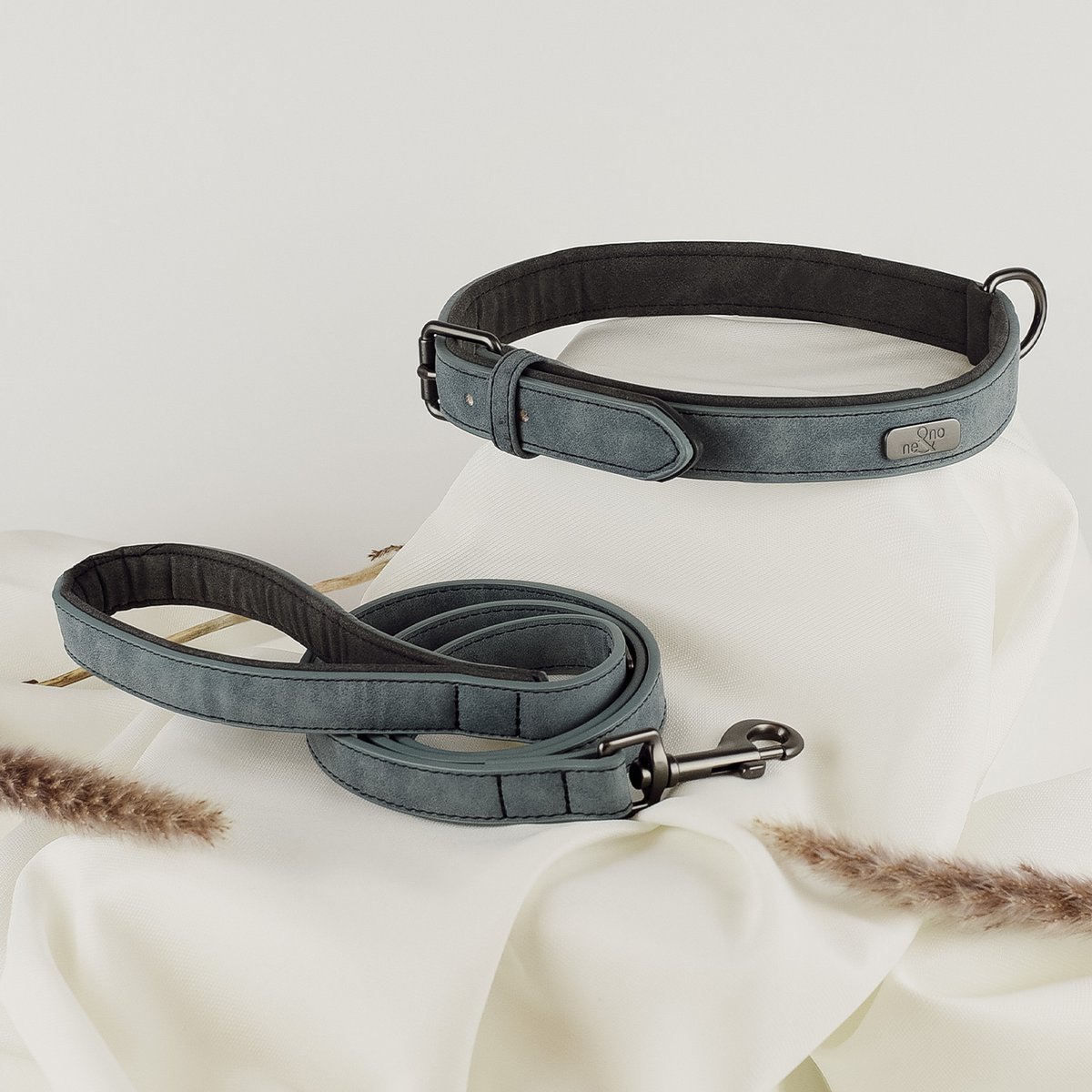 ne&no®  Halsband und Leine Set – veganes Leder -  für kleine & große Hunde BLAU GRAU + ANTHRAZIT GRAU