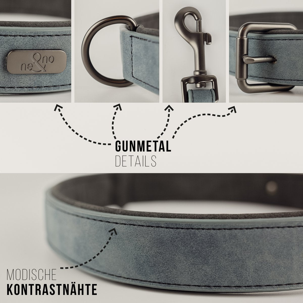 ne&no® Halsband und Leine Set – veganes Leder - für kleine & große Hunde BLAU GRAU + ANTHRAZIT GRAU