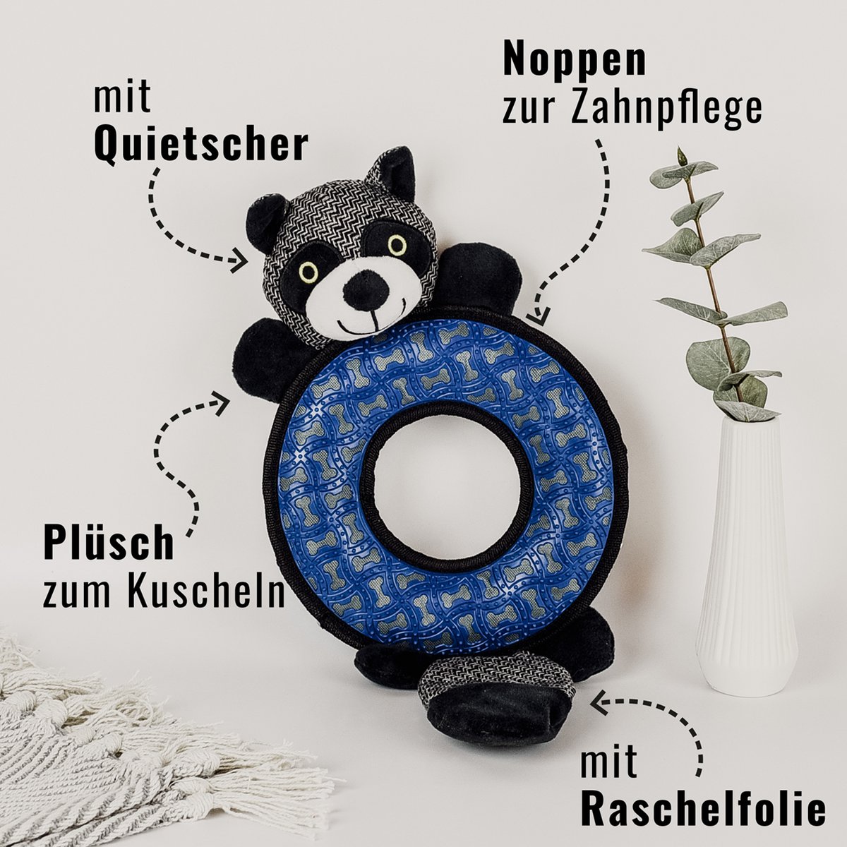 ne&no® hondenspeelgoed wasbeer / knuffel + kauwspeelgoed + piepje