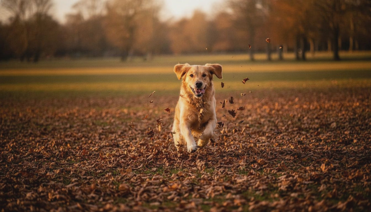 Golden Retriever rennt durch Herbstlaub