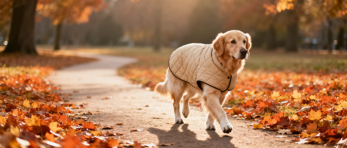Hund im beigen Mantel auf einem Herbstweg voller Laub
